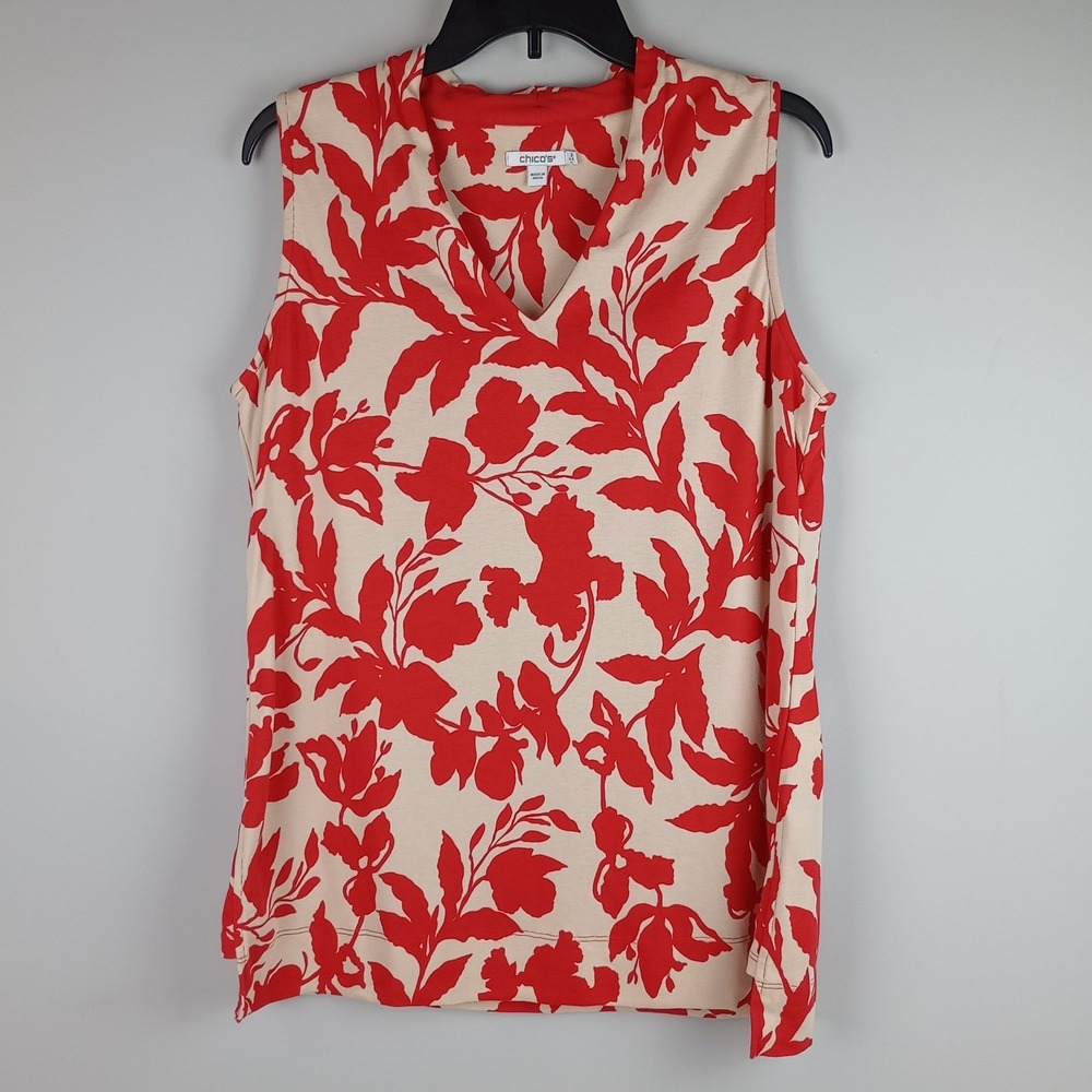 Chico's Womens L Red Floral Pima Cotton Sleeveless Vneck Casual Summer Top